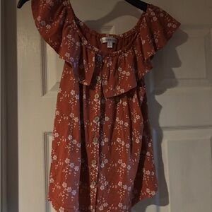 Roommates Rust Floral Off-Shoulder Ruffle Button Top